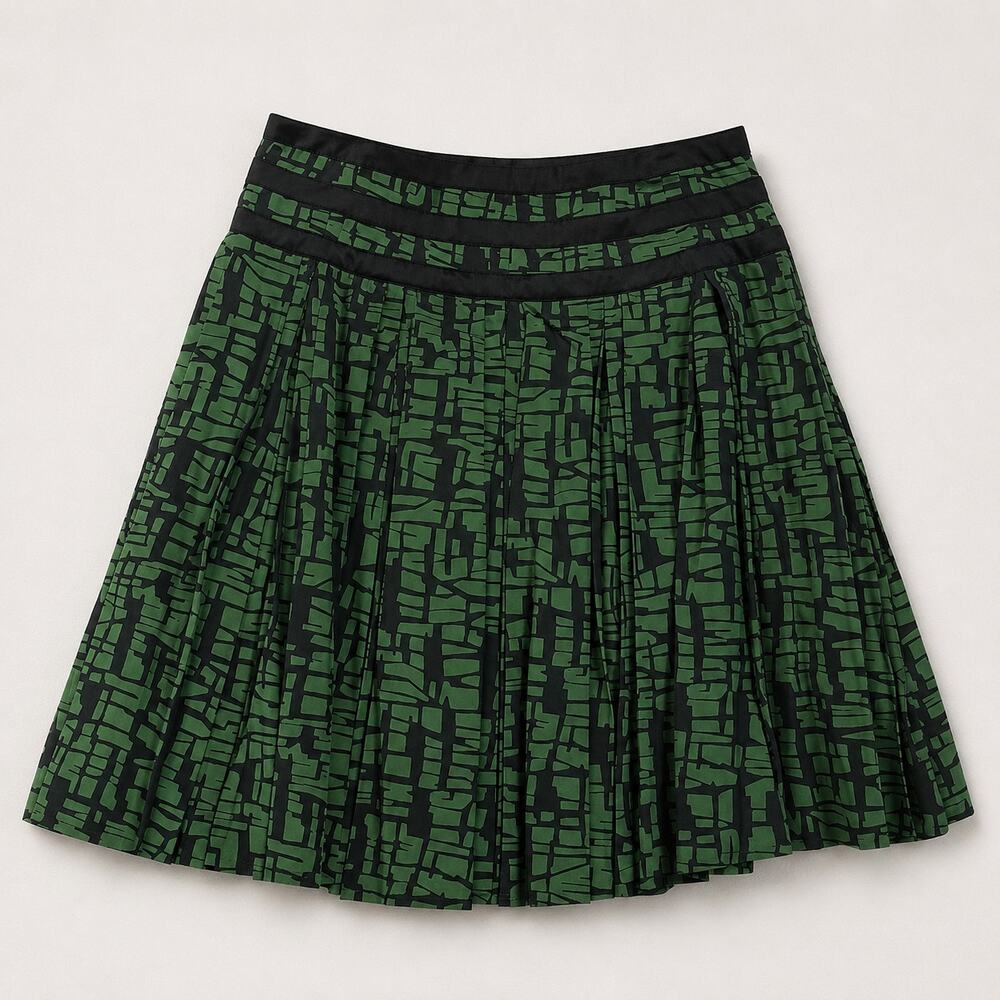 French Connection Silk Cotton Pleated Skirt Size 2 Green Black Graphic Print - Picture 2 of 8